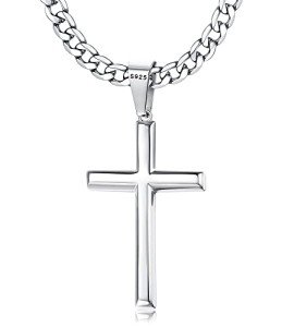 925 Sterling Silver Cross Necklace with Cuban Link Chain
