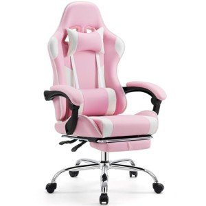 Pink Ergonomic Gaming Desk Chair with Footrest