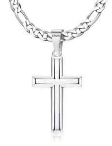 Silver Cross Necklace with Figaro Chain 22