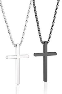Men’s Silver & Black Cross Pendant Necklace Set