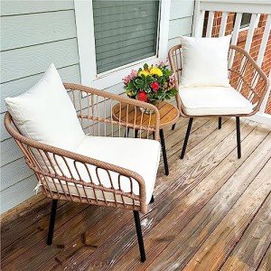 Outdoor Wicker Bistro Set with Cushions and Table