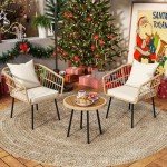 Outdoor Wicker Bistro Set with Cushions and Table