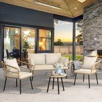 Outdoor Wicker Bistro Set with Cushions and Table