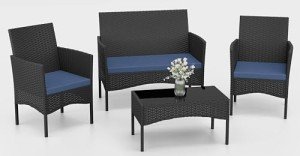 Navy Blue Wicker Patio Conversation Set - 4 Pieces