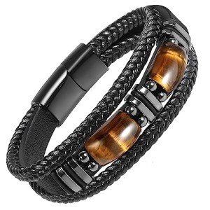 Tiger Eye Black Leather Bracelet for Men