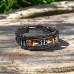 Tiger Eye Black Leather Bracelet for Men
