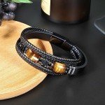 Tiger Eye Black Leather Bracelet for Men