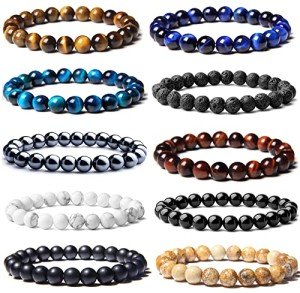 Men's 10PCS Tiger Eye and Lava Rock Bracelet Set