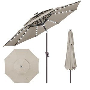 Taupe 9ft Solar LED Patio Umbrella with Tilt