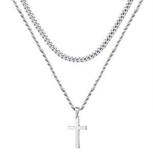 Men's Silver Cross Necklace with Layered Chain