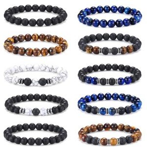 Men's 10PCS Tiger Eye Bracelet Set with Lava Rock