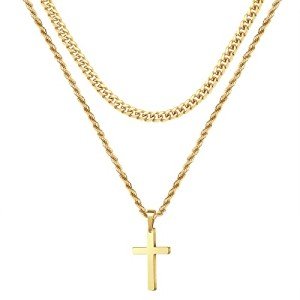 Gold Cross Pendant Necklace for Men - Layered Rope Design