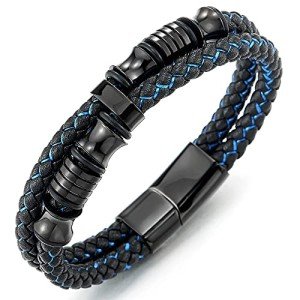 Men's Braided Black and Blue Leather Bracelet