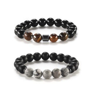 Men's Natural Stone Bracelet Set - Tiger's Eye & Lava