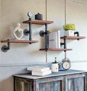 Rustic Modern Wood & Pipe Wall Shelves - 4 Tiers