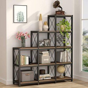 Industrial Corner Bookshelf with 12 Shelves - Rustic Brown
