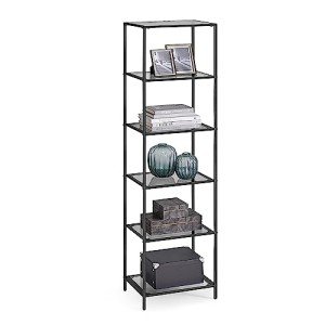 Slim 6-Shelf Glass & Steel Bookshelf in Black