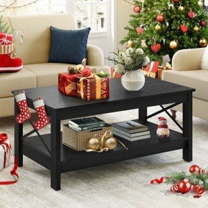 Stylish Black Rectangular Coffee Table with Metal Support