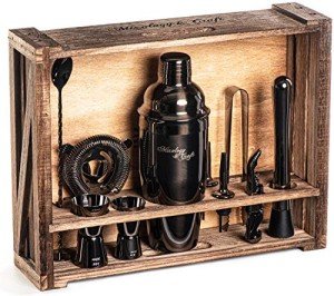 11-Piece Bartender Kit with Rustic Wood Stand
