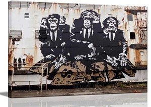 3 Wise Monkeys Graffiti Banksy Canvas Wall Art Don't Listen Don't Look Don't Talk Teen Boy Room Picture Wall Decor Man Cave Gorilla Print Poster Painting for Living Room Bedroom Home Decor. (12x16in)