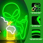 Green Alien Neon Sign for Wall Decor Dimmable Alien Beer Bar Neon Sign for Man Cave Neon Light Signs Led Neon Signs for Bedroom Light Up Sign for Hip Hop Party Game Room Beer Bar Pub Gift