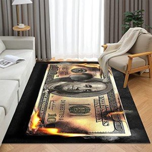 DVKKHD Money Area Rug 4x6 Burning 100 Dollar Bill Living Room Rugs Non Skid Modern Carpet for Bedroom Cash Art Cool Rugs for Room Decorations Office Entryway Dining Room Washable Carpet 47”x71”