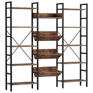 IRONCK Bookcases and Bookshelves Triple Wide 5 Tiers Industrial Bookshelf, Large Etagere Bookshelf Open Record Player Shelves with Metal Frame for Living Room Home Office