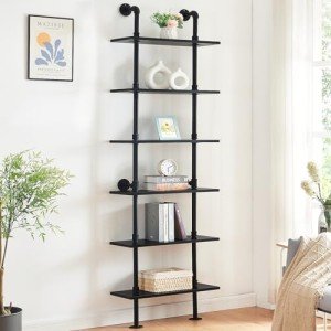HOMBAZAAR Industrial Bookshelf, 6-Tier Industrial Pipe Bookshelf, Wall Mounted Ladder Shelf with Metal Frame for Home Office, Living Room, Black