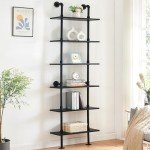 HOMBAZAAR Industrial Bookshelf, 6-Tier Industrial Pipe Bookshelf, Wall Mounted Ladder Shelf with Metal Frame for Home Office, Living Room, Black