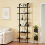 HOMBAZAAR Industrial Bookshelf, 6-Tier Industrial Pipe Bookshelf, Wall Mounted Ladder Shelf with Metal Frame for Home Office, Living Room, Black
