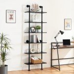 HOMBAZAAR Industrial Bookshelf, 6-Tier Industrial Pipe Bookshelf, Wall Mounted Ladder Shelf with Metal Frame for Home Office, Living Room, Black