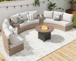 LUXOAK Patio Furniture Sets, 11 Piece Half-Moon Sectional Round Sofa Set, Outdoor Patio Furniture with Cushions & Wedge Table for Beach, Pool, Balcony, Beige