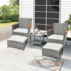 5 Piece Outdoor Patio Furniture Set with Table&Ottoman Outdoor Furniture Patio Set Bistro Wicker Patio Set of 2 Outside Lawn Chairs Conversation Sets for Porch Balcony Deck(Gray Wicker&Beige Cushion)