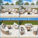 LUXOAK Patio Furniture Sets, 11 Piece Half-Moon Sectional Round Sofa Set, Outdoor Patio Furniture with Cushions & Wedge Table for Beach, Pool, Balcony, Beige