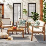 Flamaker Patio Furniture 4 Piece Outdoor Acacia Wood Patio Conversation Sofa Set with Table & Cushions Porch Furniture for Deck, Balcony, Backyard
