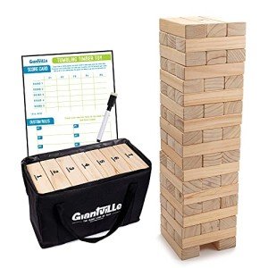 Giantville Giant Tumbling Timber Toy - Premium Pine Wood Life-Size Blocks Tower - Big Floor/Board Indoor/Outdoor Yard Game for Kids & Adults - 56-Pieces + Carry/Storage Bag - Grows to Over 4-Feet