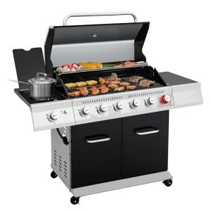 Royal Gourmet GA6402H 6-Burner Propane Gas Grill with Sear Burner and Side Burner, 74,000 BTUs, Cabinet Style Outdoor BBQ Grill for Barbecue Grilling & Backyard Cooking, Black