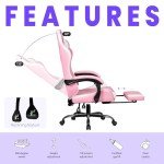 N-GEN GAMING Video Gaming Chair with Footrest High Back Ergonomic Comfortable Office Computer Desk with Lumbar Support Height Adjustable with PU Leather Recliner for Adults Women Men (Pink)