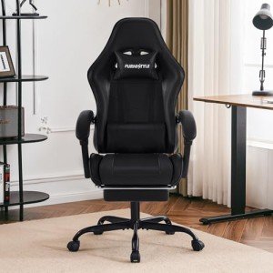 Furnistyle Gaming Chair, Reclining Computer Chair with Footrest, Adjustable Swivel Gaming Desk Chair with Lumbar Support, High Back Ergonomic Gamer Chair for Teens, PC Game Office Chair PU Black