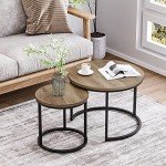 Smuxee Nesting Coffee Table Set of 2, 23.6" Round Coffee Table Wood Grain Top with Adjustable Non-Slip Feet, Industrial End Table Side Tables for Living Room Bedroom Balcony Yard