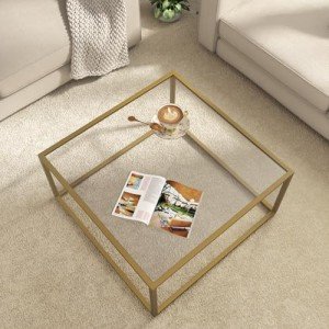 SAYGOER Gold Coffee Table Glass Modern Coffee Tables for Small Space Simple Square Center Table for Living Room Home Office 26.7 x 26.7 x 15.7, Easy Assembly