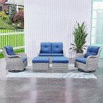 HUMMUH 5 Pieces Outdoor Furniture Patio Furniture Set Wicker Swivel Patio Chairs with 2 Seater Outdoor Sectional Sofa/Patio Loveseat with Ottomans(Light Grey/Blue)