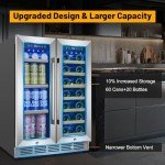 Wine and Beverage Refrigerator, 24 Inch Beverage Cooler Dual Zone with Glass Door, Built-in/Freestanding Beverage Fridge with Upgraded 20 Bottles and 60 Cans Large Capacity