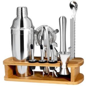 CasaCulina Cocktail Shaker Set Mixology Bartender Kit with Stand, 17 Piece Bar Tool Set: Martini Shaker, Jigger, Strainer, Mixer Spoon, Muddler, Liquor Pourers for Drink Mixing Bartending Kit(Silver)