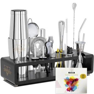 Elite Mixology Bartender Kit 20-Piece Boston Cocktail Shaker Set for Mixing with Stand- Indestructible Bar Accessories Bartending Kit, Cocktail Bar Set, Bartender Set, Bonus Recipe Cards Bar Tools
