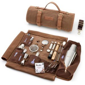 Barillio Bartender Kit Bag with Cocktail Shaker Set - Waxed Canvas, Traveling Bar Tools Bag with 17-Pc Cocktail Kit - Travel Mixology Bartending Kits - Mobile Bar Bag with Strap & Accessories - Silver