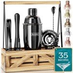 BARE BARREL® Mixology Bartender Kit Bar Set | Martini Cocktail Shaker Set | Barware Mixing Tools for Home Bartending | Farmhouse Rustic Portable Caddy & 35 Recipe Cards | Gift Set (Jet Black)