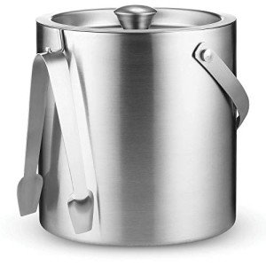 FineDine Double-Wall Stainless Steel Insulated Ice Bucket With Lid & Ice Tong [3 Liter] Included Strainer Keeps Ice Cold & Dry, Carry leather Handle, Home Bar, Chilling Beer, Champagne, Wine Bottle