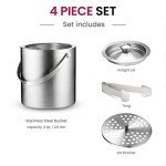 FineDine Double-Wall Stainless Steel Insulated Ice Bucket With Lid & Ice Tong [3 Liter] Included Strainer Keeps Ice Cold & Dry, Carry leather Handle, Home Bar, Chilling Beer, Champagne, Wine Bottle