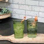 Vintage Textured Sage Green Striped Drinking Glasses Set of 6, Ribbed Flower Design, 13 oz Cocktail Water Tumblers Glassware Set